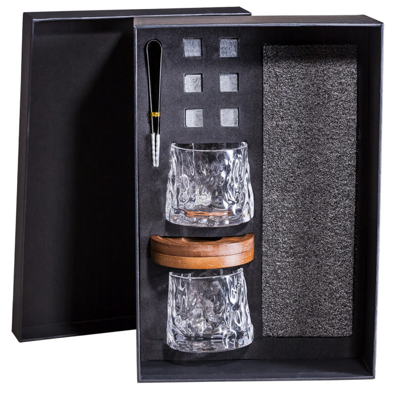 Whisky Gift Box with Spinning Whisky Tumblers, Wooden Coasters and Ice Cubes - Image 2