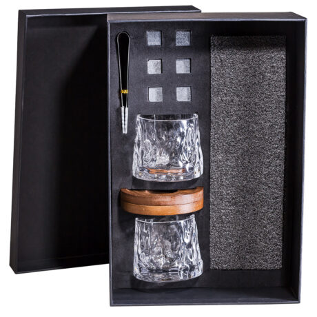 Whisky Gift Box with Spinning Whisky Tumblers, Wooden Coasters and Ice Cubes